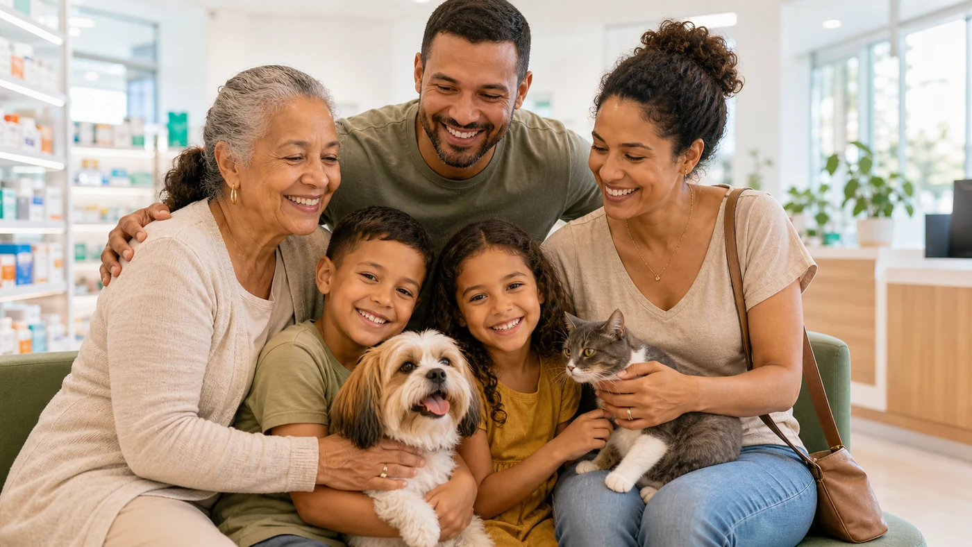 Família com avó, pais, crianças, cachorro e gato aproveitando benefícios da Rede Ideal