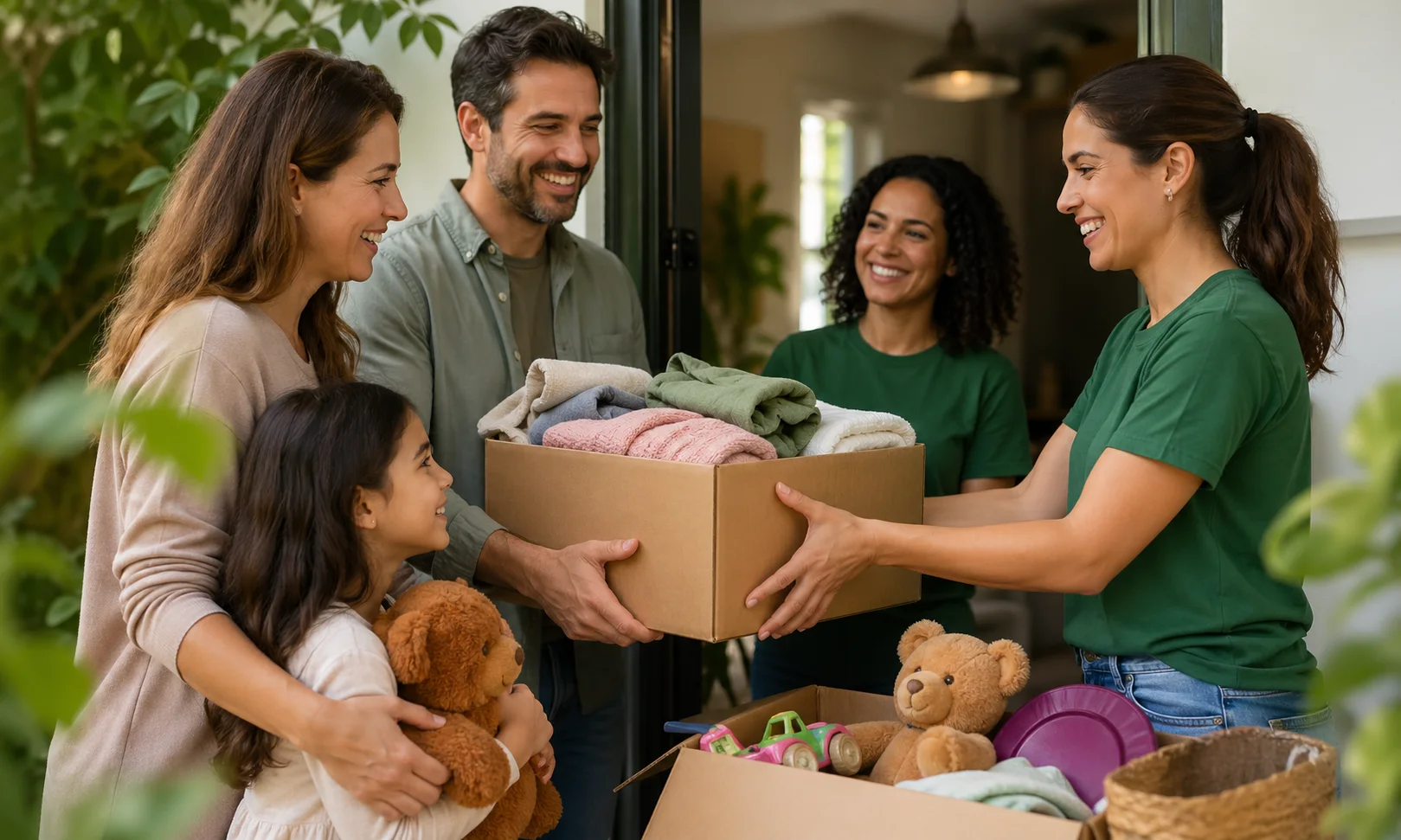 Família e voluntários reunidos em uma entrega solidária de doações.